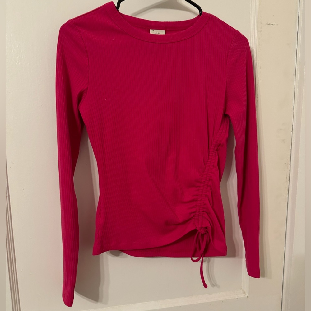 A new day fuchsia pink asymmetrical ribbed drawstring long sleeve top size XS